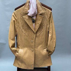 GUESS Collection – Vintage Tan Leather Western Floral 1970’s Style Blazer Jacket